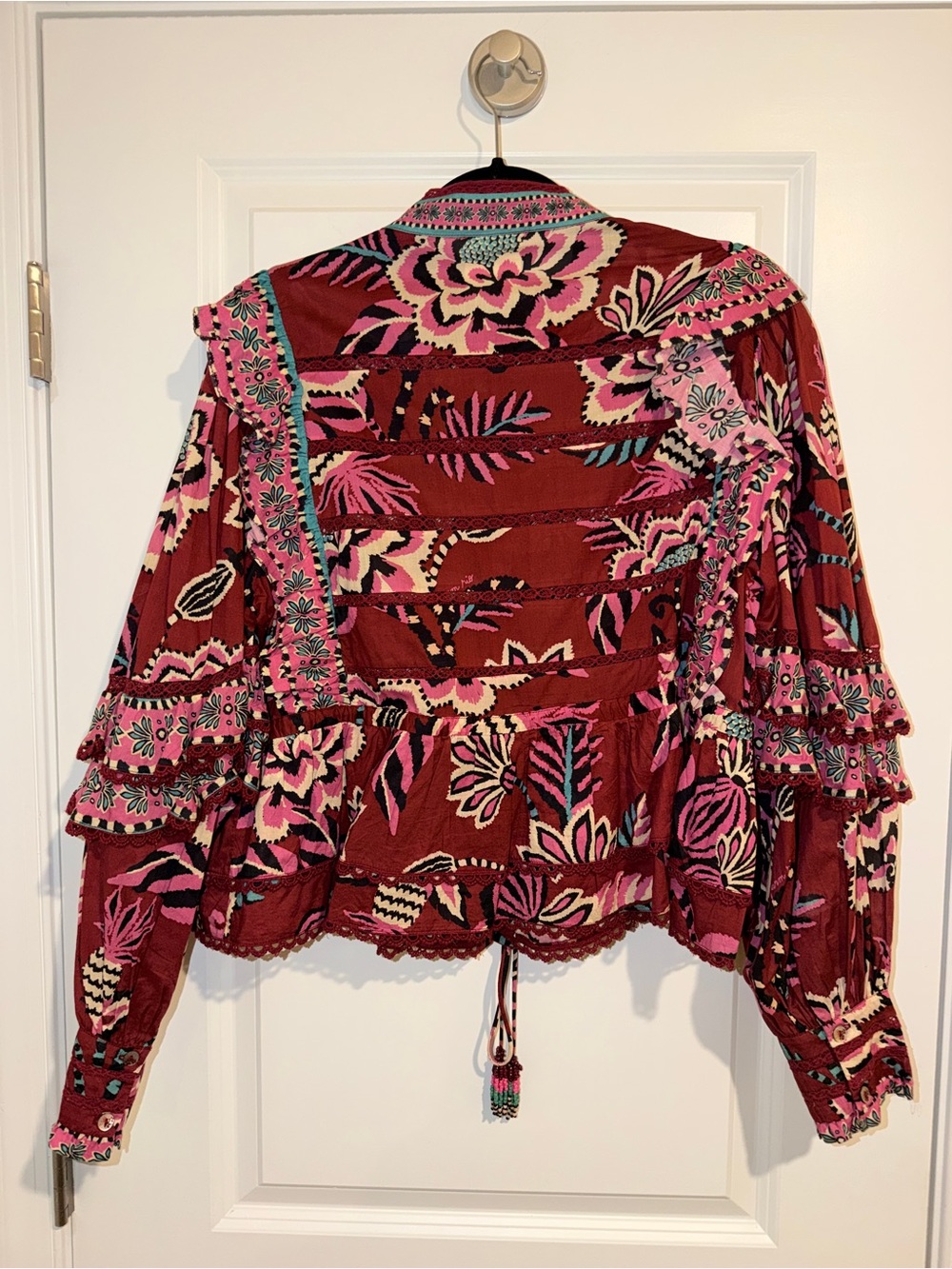 FARM Rio Boho Floral Ruffle Peplum Top - Burgundy Pink - Picture 6 of 11